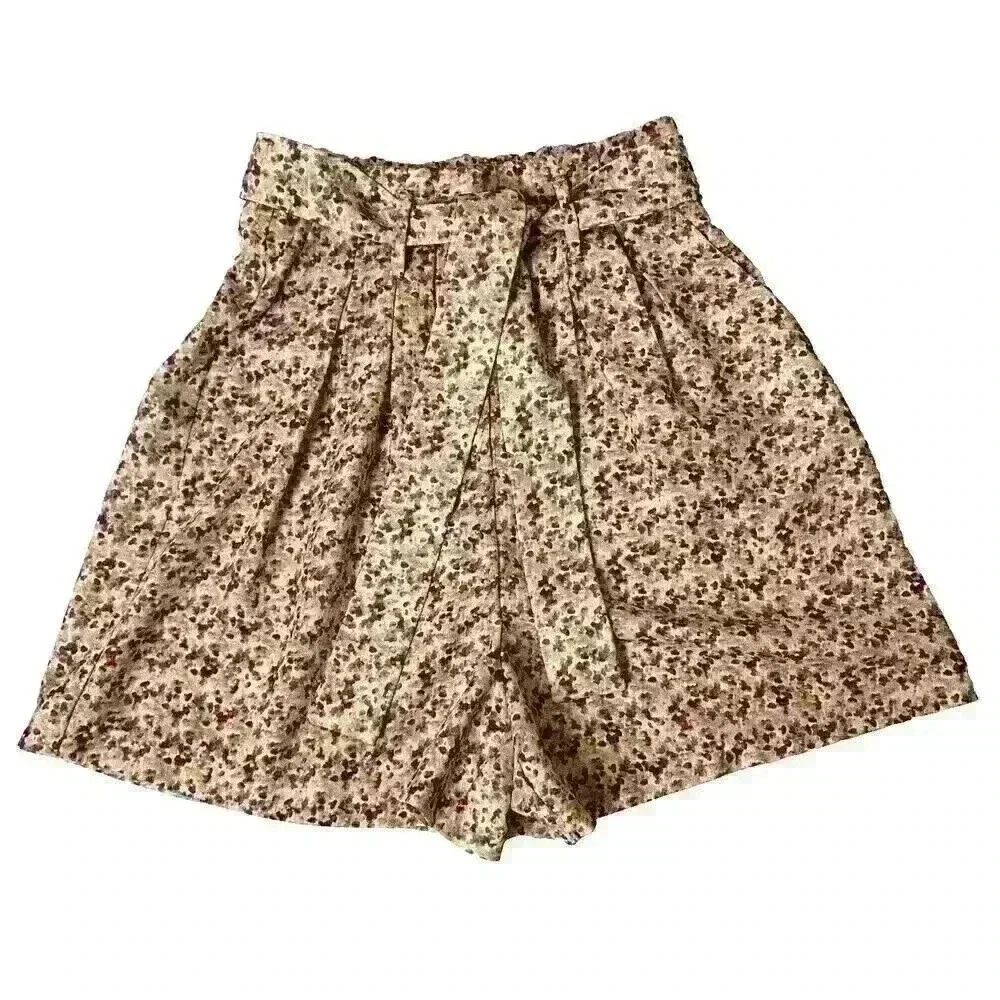 Zara Womens SM Purple Cream Yellow Floral Paperbag Shorts High Waisted with Tie - Picture 2 of 14